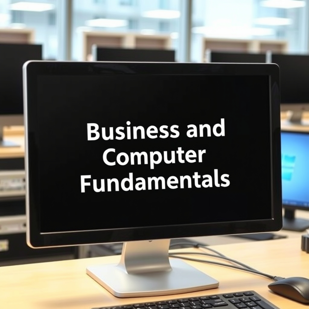 a desk in an office with a computer screen and on the screen is written business and computer fundamentals a desk in an office with a computer screen and on the screen is written business and computer fundamentals